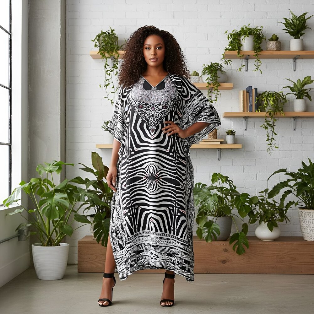 Abstract Printed Women Black Polyester Kaftan Maxi Dress Plus Size by Gypsie Blu